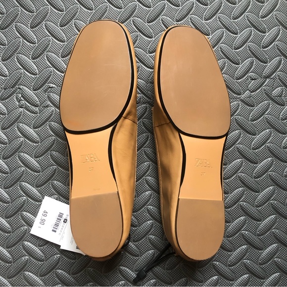 NWT Zara Leather Ballet Bow Tie Ballerinas Flats Shoes Beige Size 7 / 37 - Picture 3 of 8